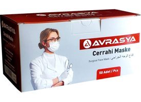 Avrasya Tek Kullanımlık 3 Katlı Lastikli Telli 50'li Yetişkin Cerrahi Maske Beyaz