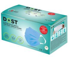 Dost Tek Kullanımlık 3 Katlı Lastikli Telli 50'li Yetişkin Ultrasonik Cerrahi Maske Mavi