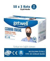 Getwell Tek Kullanımlık 3 Katlı Lastikli Telli 150'li Yetişkin Cerrahi Maske Siyah