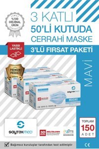 Saytekmed Tek Kullanımlık 3 Katlı Lastikli Telli 150'li Yetişkin Cerrahi Maske Siyah