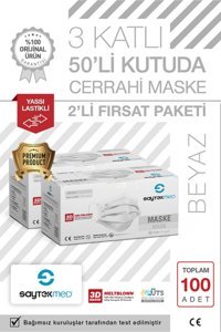 Saytekmed Tek Kullanımlık Lastikli Telli 100'lü Yetişkin Cerrahi Maske Beyaz