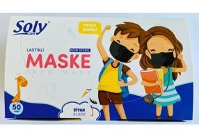 Soly Care Tek Kullanımlık 3 Katlı Lastikli Telli 100'lü Çocuk Maske Siyah