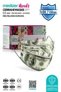 Medizer Tek Kullanımlık 3 Katlı Lastikli Telli 150'li Yetişkin Ultrasonik Cerrahi Maske Çok Renkli