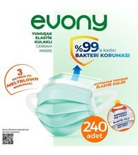 Evony Tek Kullanımlık 3 Katlı Lastikli Telli 240'lı Yetişkin Cerrahi Maske Mavi
