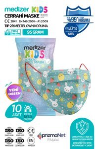 Medizer Tek Kullanımlık 3 Katlı Lastikli Telli 10'lu Çocuk Ultrasonik Cerrahi Maske Gri