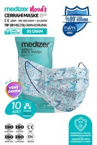 Medizer Tek Kullanımlık 3 Katlı Lastikli Telli 10'lu Yetişkin Ultrasonik Cerrahi Maske Beyaz