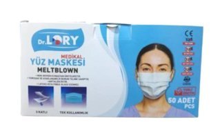 Dr. Lory Tek Kullanımlık 3 Katlı Lastikli Telli 50'li Yetişkin Maske Beyaz