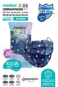 Medizer Tek Kullanımlık 3 Katlı Lastikli Telli 100'lü Çocuk Ultrasonik Maske Lacivert