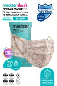 Medizer Tek Kullanımlık 3 Katlı Lastikli Telli 30'lu Yetişkin Ultrasonik Cerrahi Maske Bej