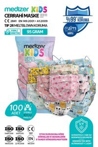Medizer Tek Kullanımlık 3 Katlı Lastikli Telli 100'lü Çocuk Ultrasonik Cerrahi Maske Pembe