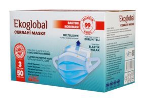 Ekoglobal Tek Kullanımlık 3 Katlı Lastikli Telli 150'li Yetişkin Ultrasonik Cerrahi Maske Beyaz
