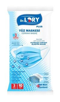 Dr. Lory Tek Kullanımlık 3 Katlı Lastikli Telli 10'lu Yetişkin Cerrahi Maske Mavi
