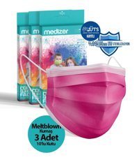Medizer Tek Kullanımlık 3 Katlı Lastikli Telli 30'lu Yetişkin Ultrasonik Cerrahi Maske Pembe