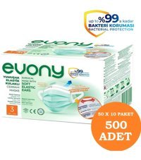 Evony Tek Kullanımlık 3 Katlı Lastikli Telli 500'lü Yetişkin Cerrahi Maske