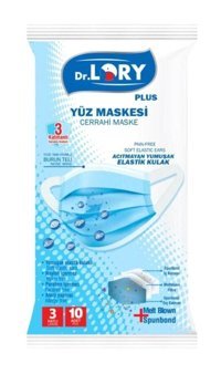 Dr. Lory Tek Kullanımlık 3 Katlı Lastikli Telli 30'lu Yetişkin Cerrahi Maske Mavi