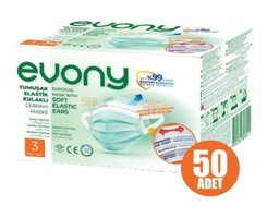 Evony Tek Kullanımlık 3 Katlı Lastikli Telli 50'li Yetişkin Cerrahi Maske Yeşil