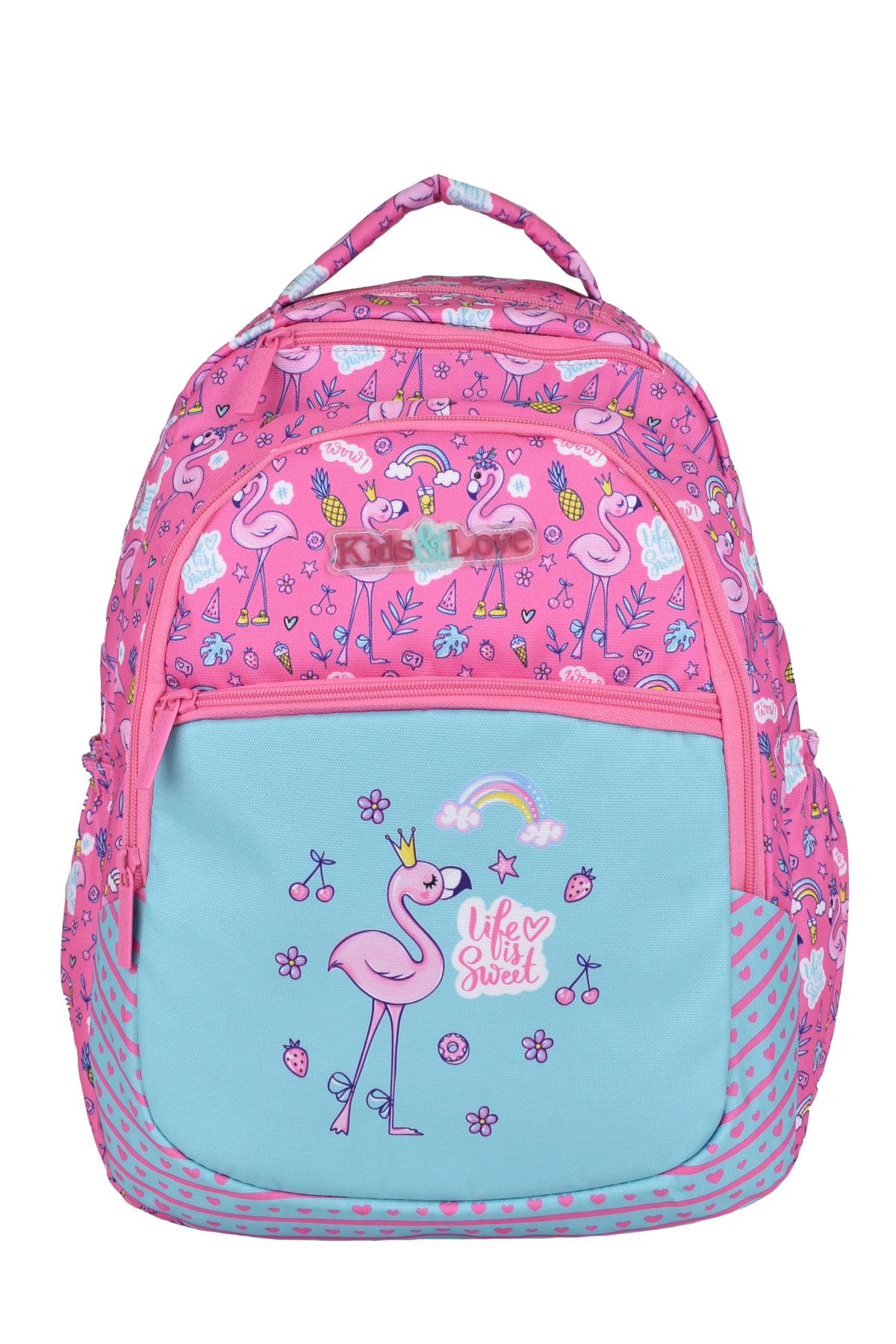 Elatae L5107 Flamingo Hayvan Su Geçirmez 3 Gözlü Pembe İlkokul Erkek Sırt Çantası