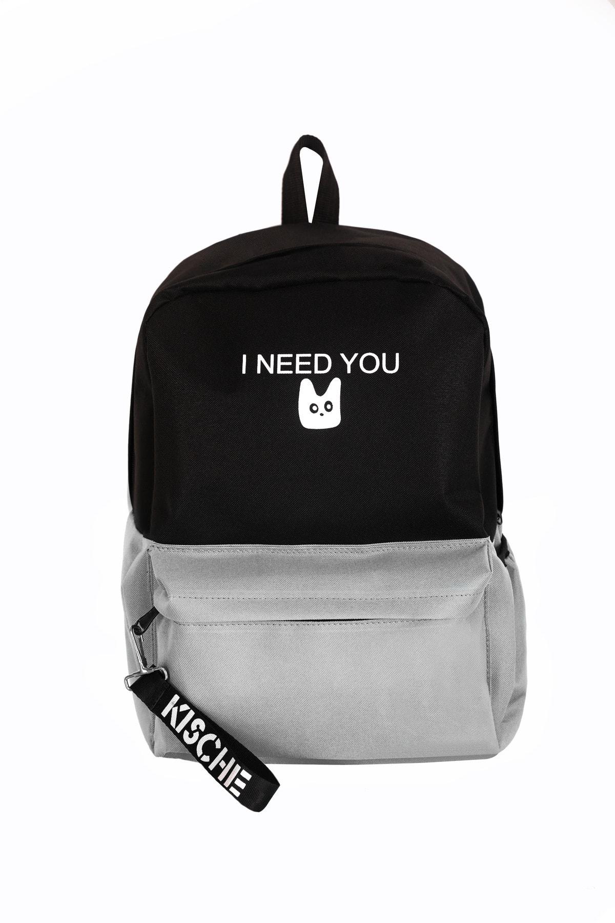 Kısche I Need You Kedi Need You 2 Gözlü Gri-Siyah İlkokul Unisex Sırt Çantası