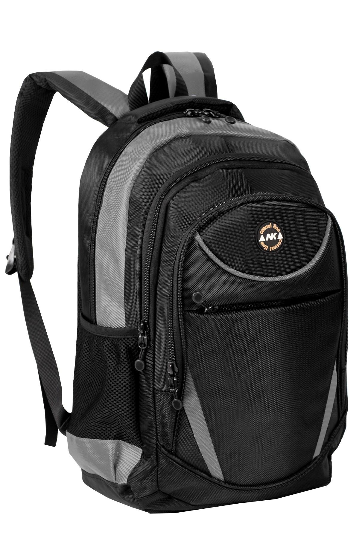 NK 9009 Su Geçirmez 4 Gözlü Gri-Siyah Lise-Üniversite Unisex Sırt Çantası