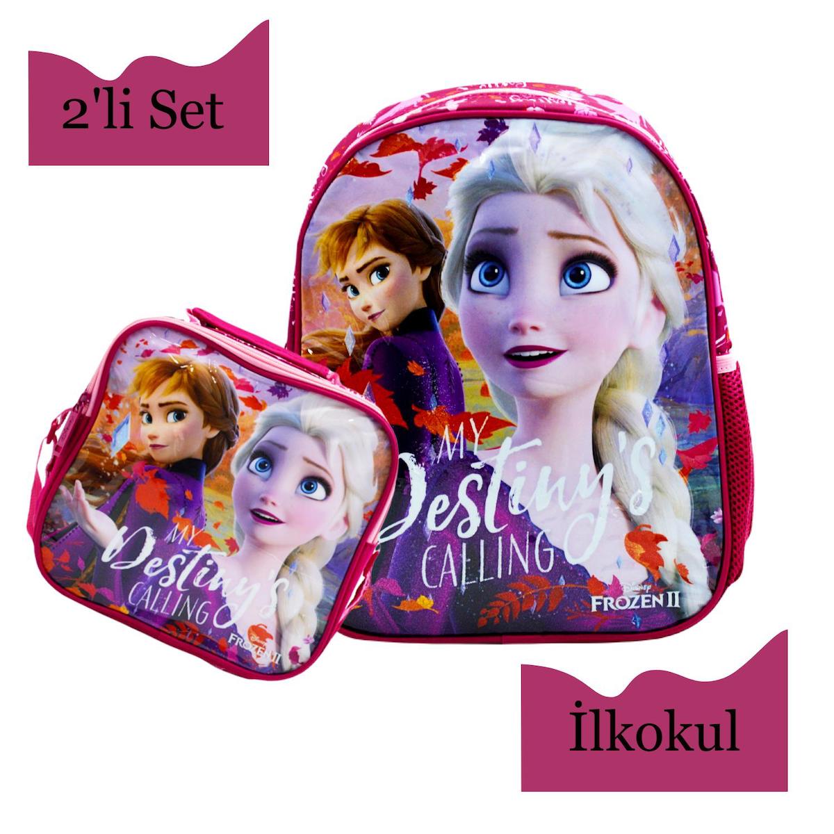 Frocx Frozen Su Geçirmez 2 Gözlü Pembe İlkokul Kız Çocuk Sırt Çantası + Beslenme Çantası