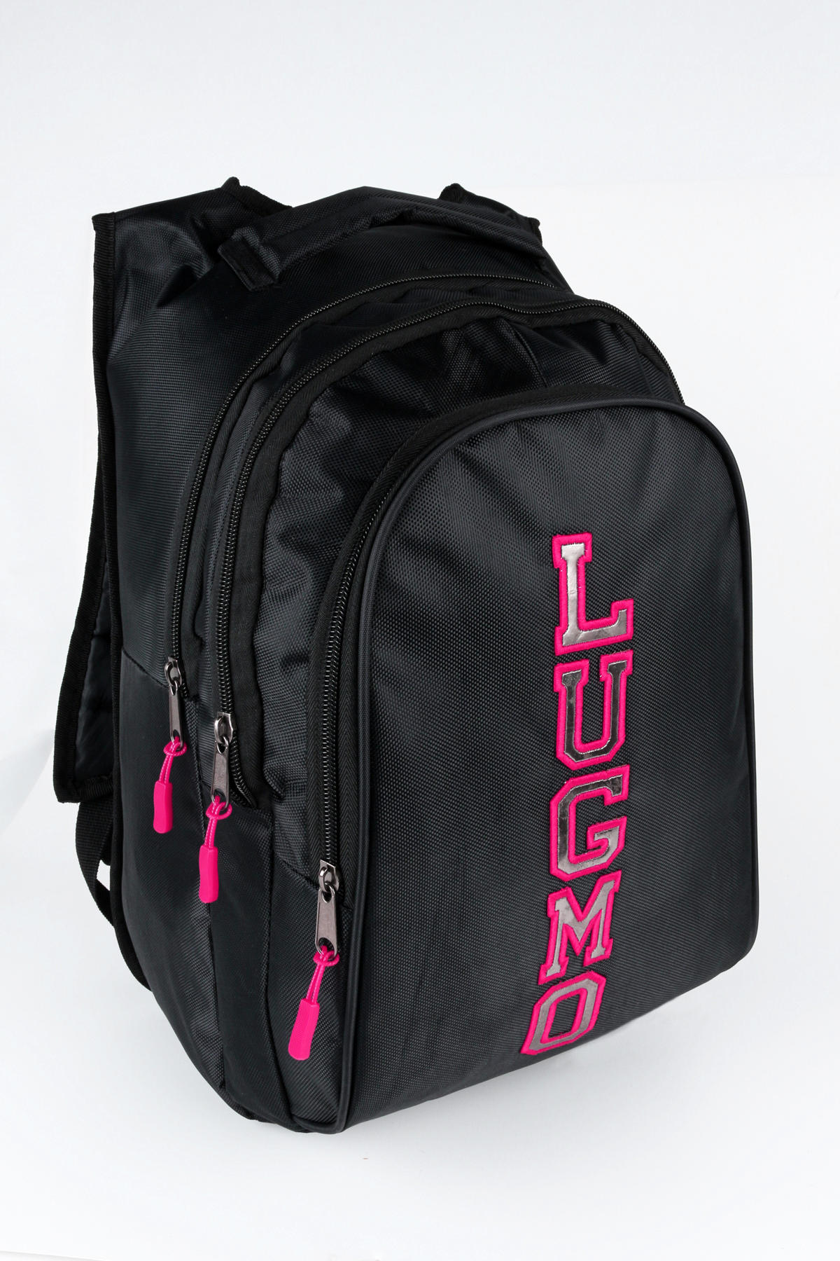 Lugmo Su Geçirmez 3 Gözlü Pembe-Siyah Lise-Üniversite Unisex Sırt Çantası