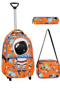 Gülşah Çaptı Bag Astronot Uzay Tekerlekli Su Geçirmez 5 Gözlü Turuncu İlkokul Erkek Çekçekli Çanta Seti