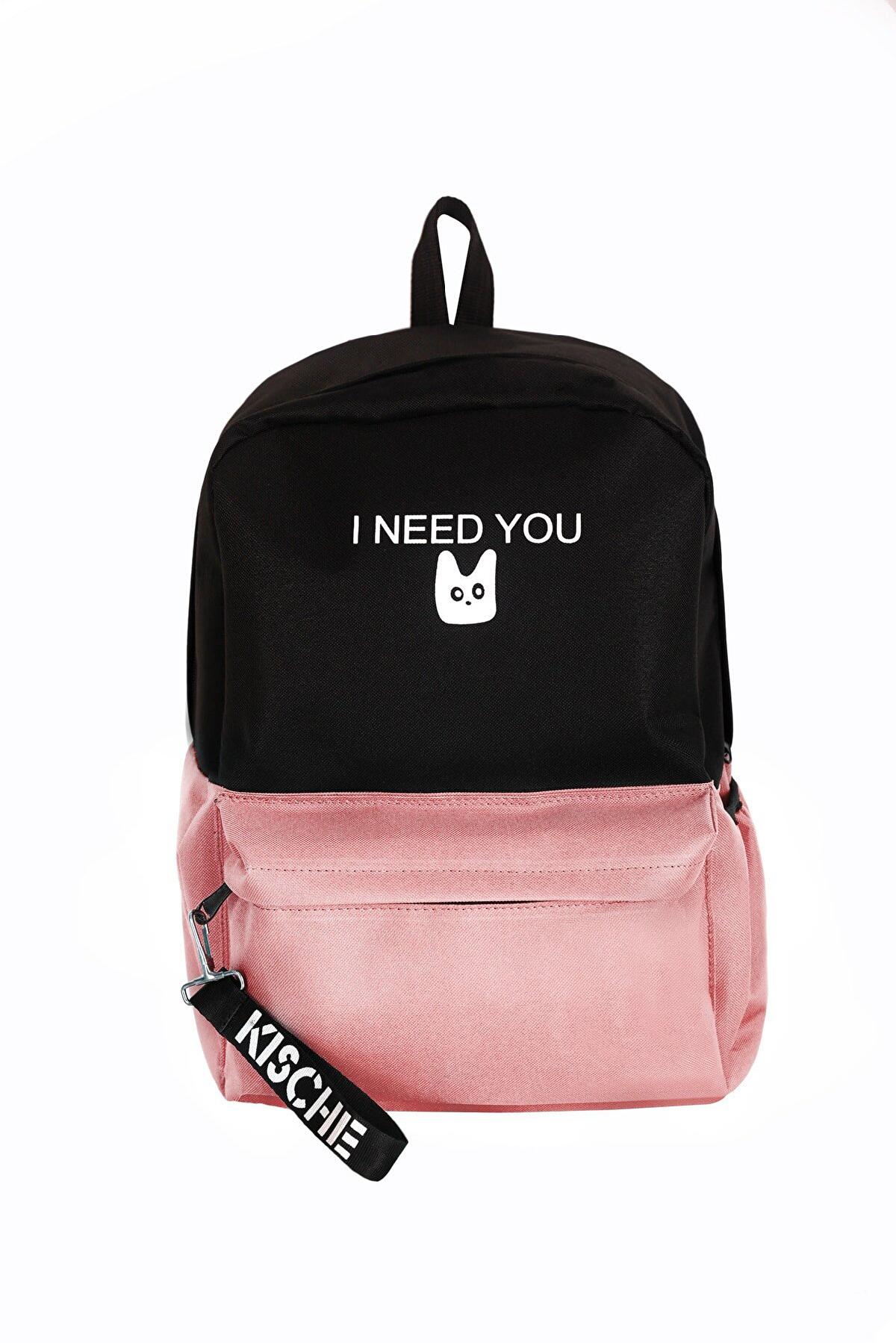 Kısche I Need You Kedi Need You 2 Gözlü Pembe-Siyah İlkokul Unisex Sırt Çantası