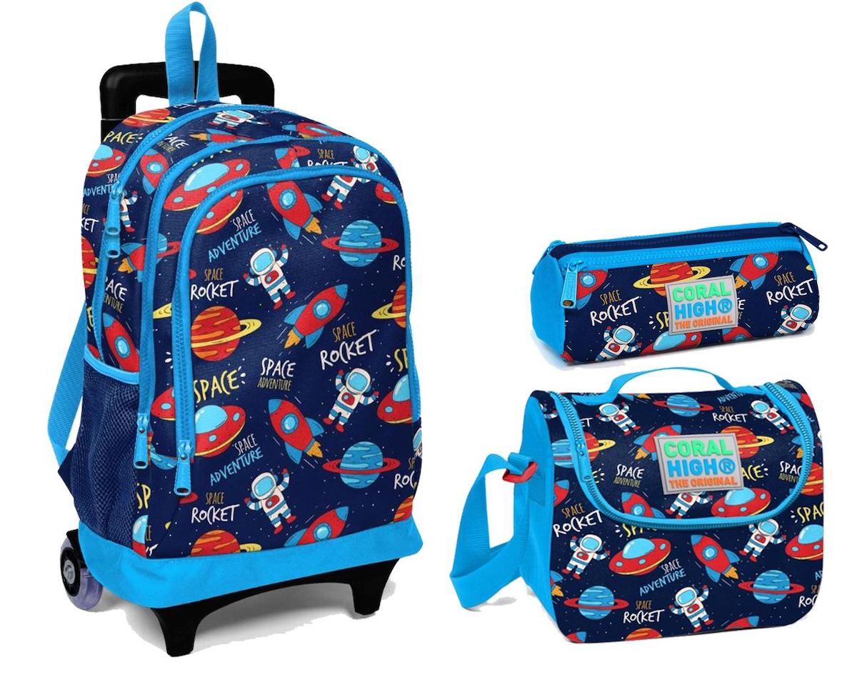 Yaygan Çanta Kids Uzay Tekerlekli 3 Gözlü Mavi İlkokul Erkek Çocuk Çekçekli Çanta Seti