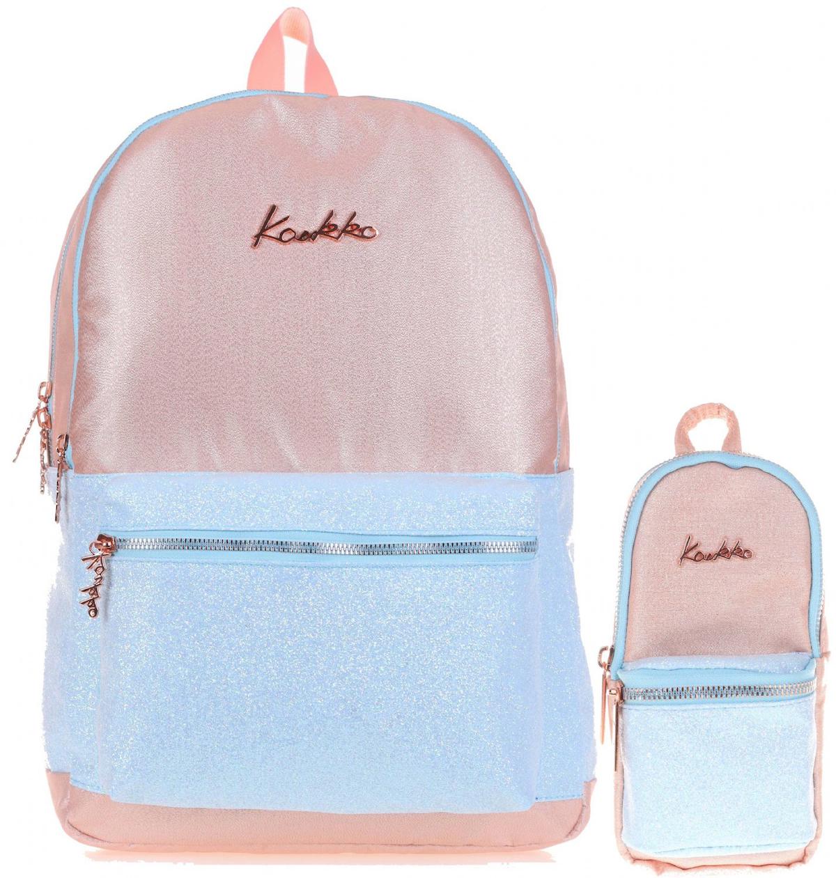 Kaukko 3 Gözlü Açık Pembe-Turkuaz İlkokul Kız Çocuk Sırt Çantası + Kalemlik
