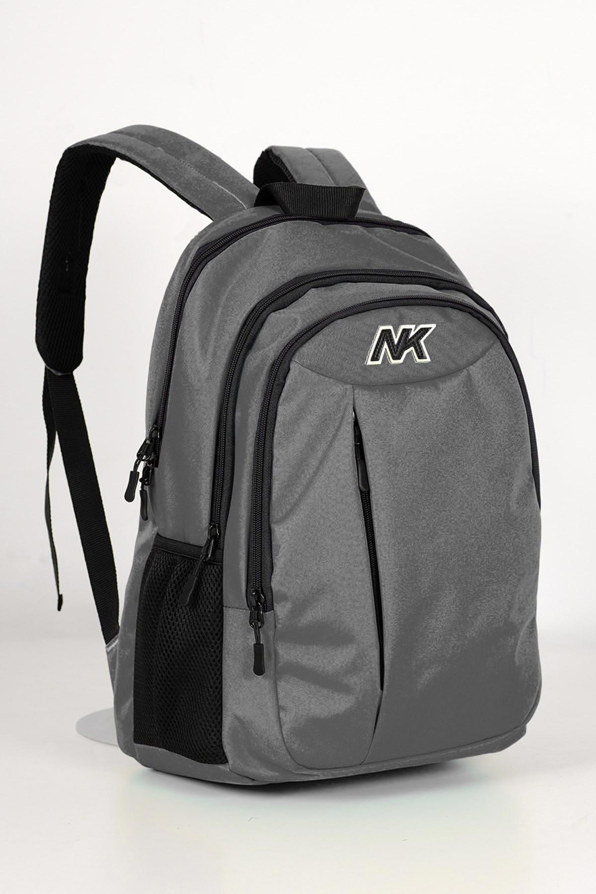 NK 9002 Su Geçirmez 4 Gözlü Gri Lise-Üniversite Unisex Sırt Çantası