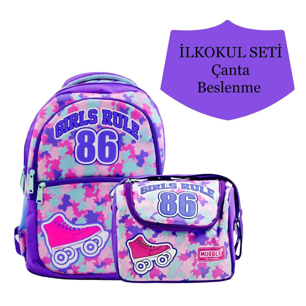 Muggle Yazılı Su Geçirmez 3 Gözlü Mor İlkokul Kız Çocuk Sırt Çantası + Beslenme Çantası