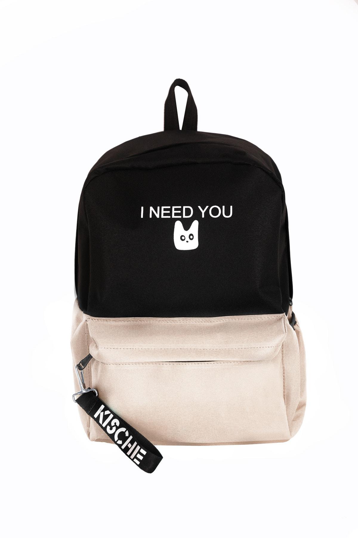 Kıschem I Need You Kedi Need You 2 Gözlü Bej-Siyah İlkokul Unisex Sırt Çantası