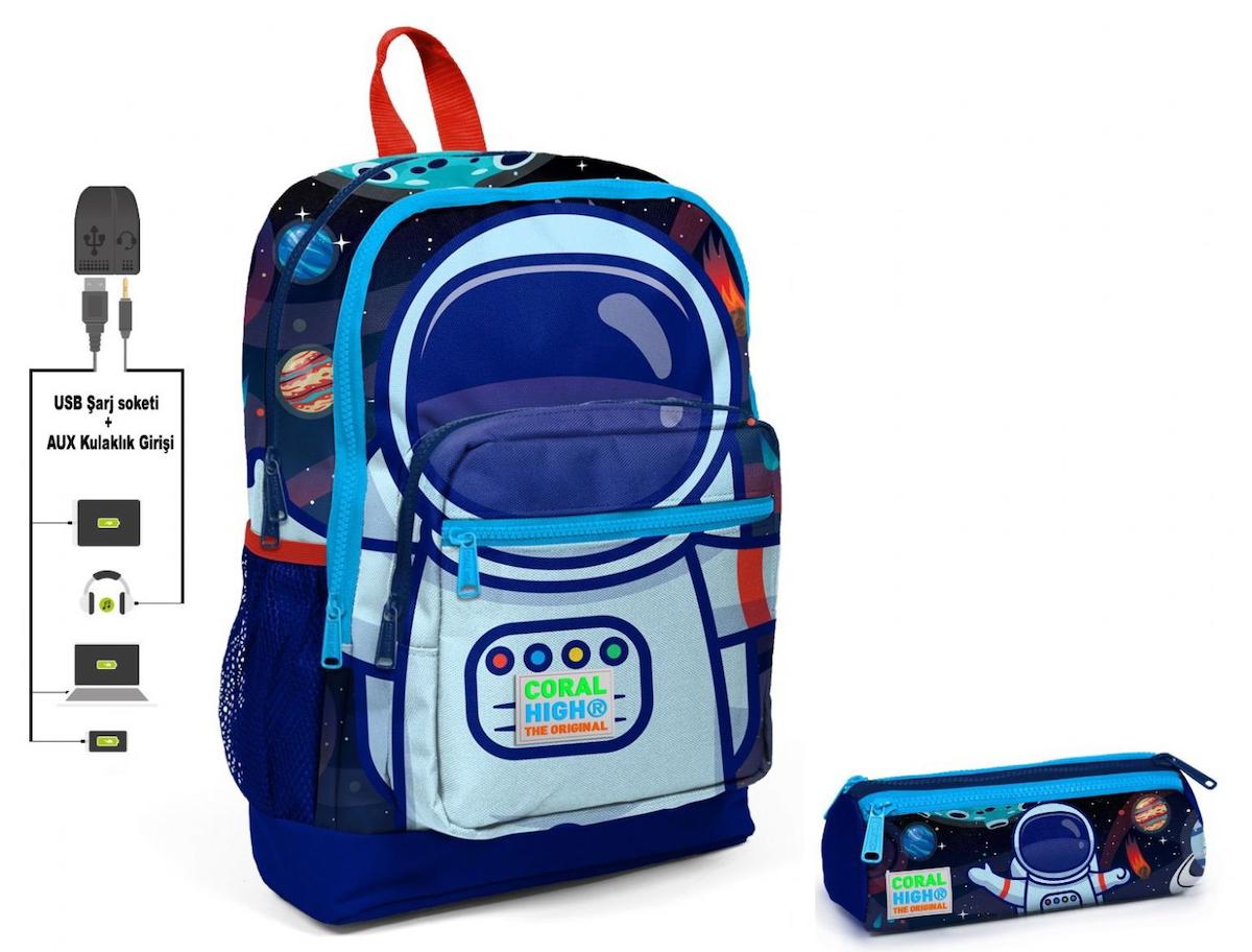 Yaygan Çanta Kids Astronot Uzay Su Geçirmez 4 Gözlü Mavi İlkokul Erkek Sırt Çantası + Kalemlik