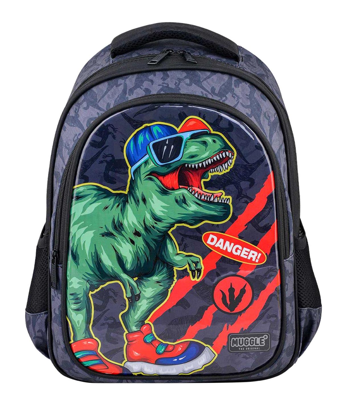 Muggle MU-9222 Dinozor Hayvan Su Geçirmez 2 Gözlü Siyah İlkokul Erkek Sırt Çantası
