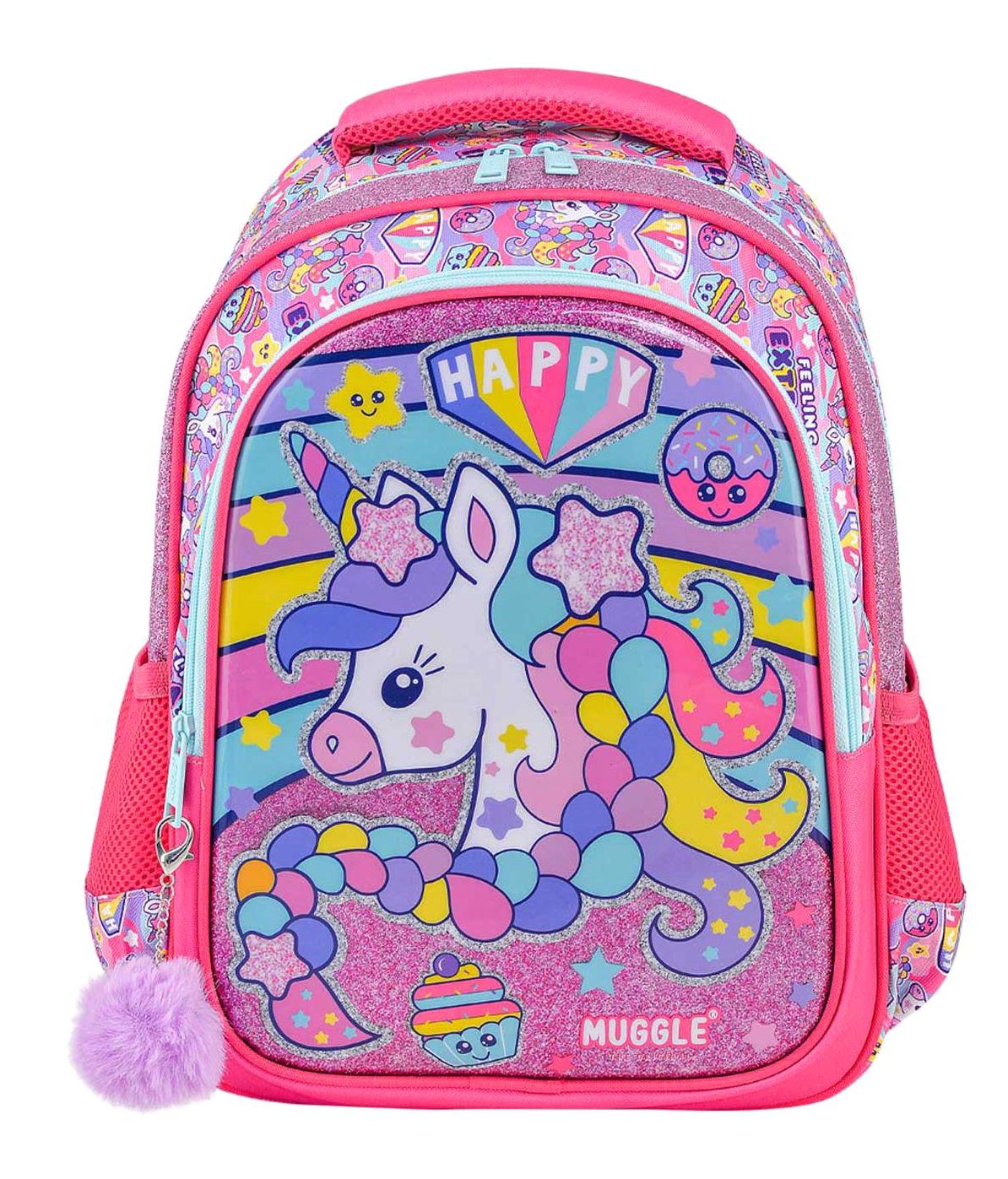 Muggle MU-6443 Unicorn Hayvan Su Geçirmez 2 Gözlü Pembe İlkokul Kız Çocuk Sırt Çantası