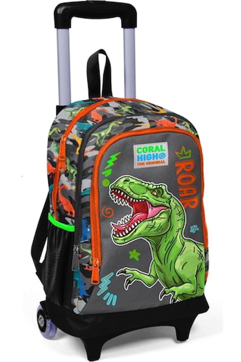 Yaygan Çanta Kids Dinozor Hayvan Tekerlekli 5 Gözlü Çok Renkli İlkokul Erkek Çocuk Çekçekli Çantası