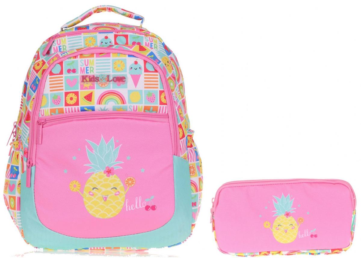 Kaukko Kids&Love Ananas 4 Gözlü Çok Renkli İlkokul Kız Çocuk Sırt Çantası + Kalemlik