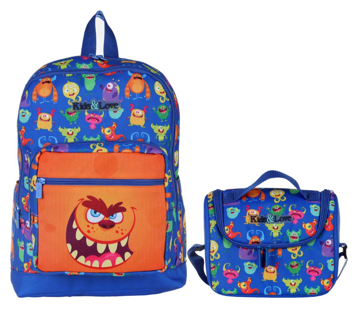 Kaukko Kids&Love Sevimli Canavarlar 4 Gözlü Mavi İlkokul Erkek Çocuk Sırt Çantası + Beslenme Çantası