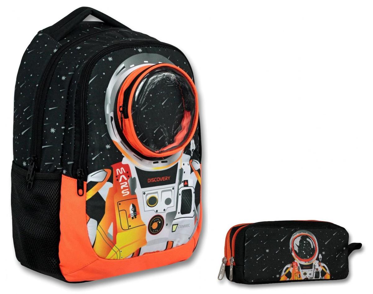 Ümit Çanta 3210 Astronot Uzay 5 Gözlü Siyah-Turuncu İlkokul Erkek Çocuk Sırt Çantası + Kalemlik