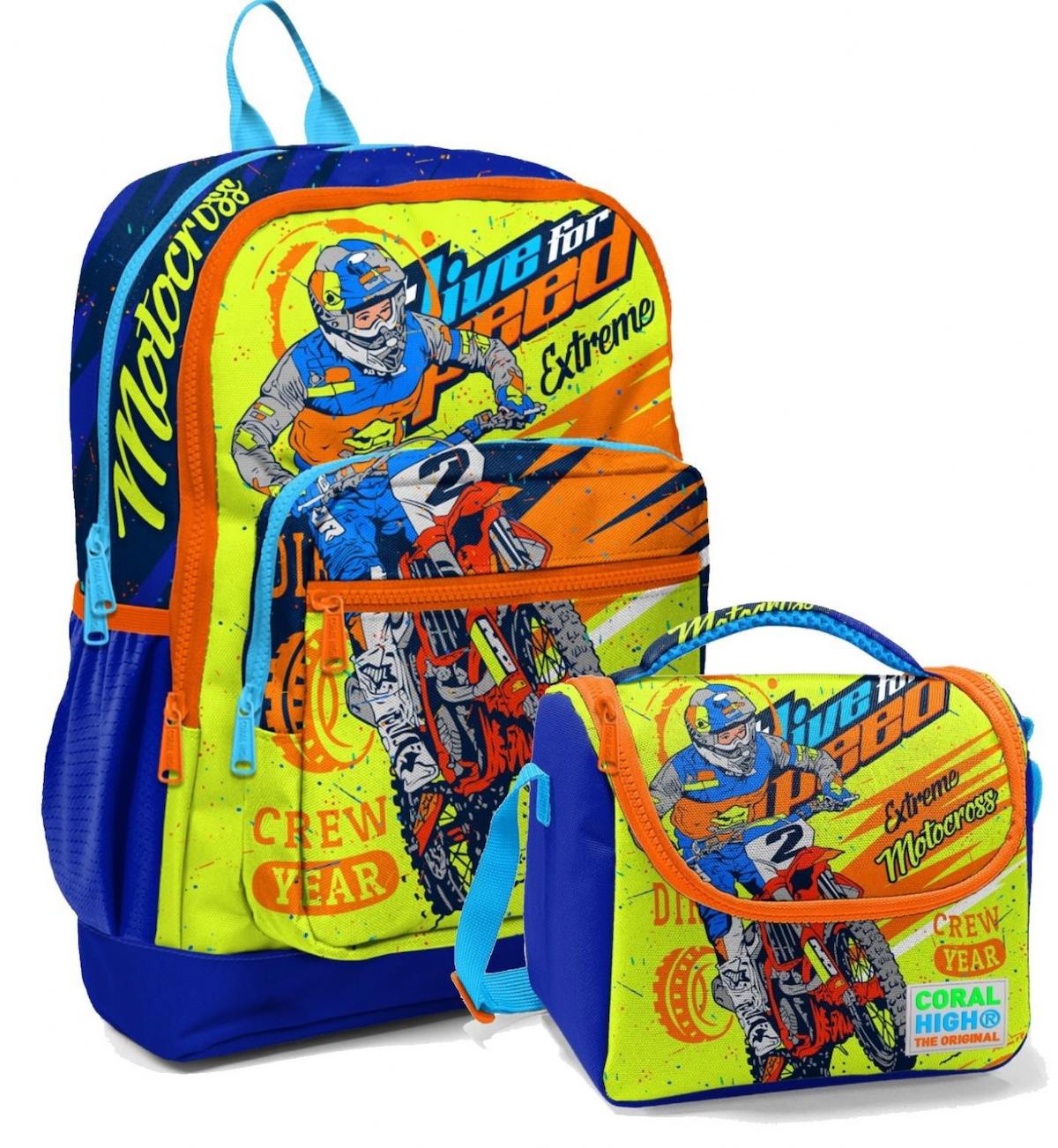 Yaygan Çanta Kids Motosiklet 4 Gözlü Mavi-Sarı İlkokul Erkek Çocuk Sırt Çantası + Beslenme Çantası