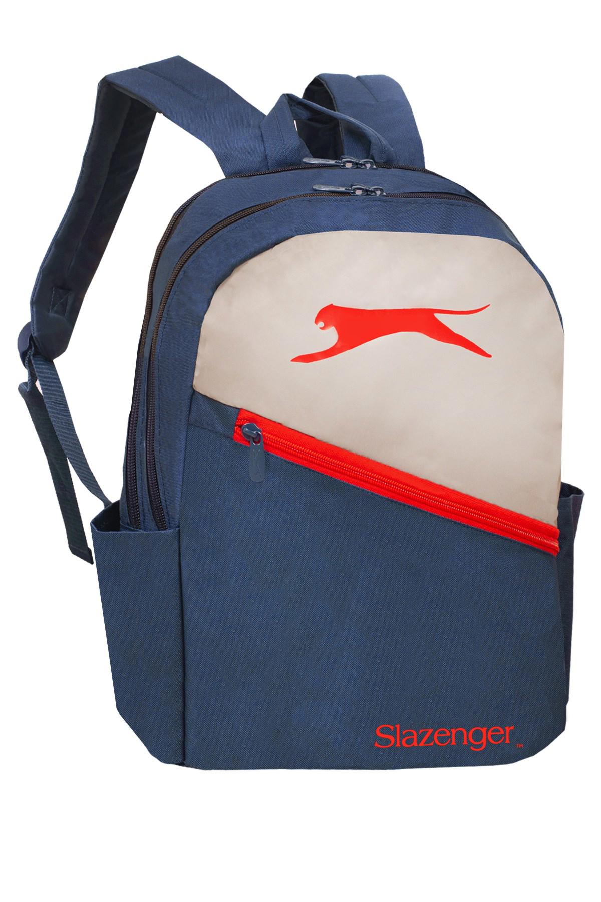 Slazenger Su Geçirmez 2 Gözlü Kırmızı-Lacivert Lise-Üniversite Unisex Sırt Çantası