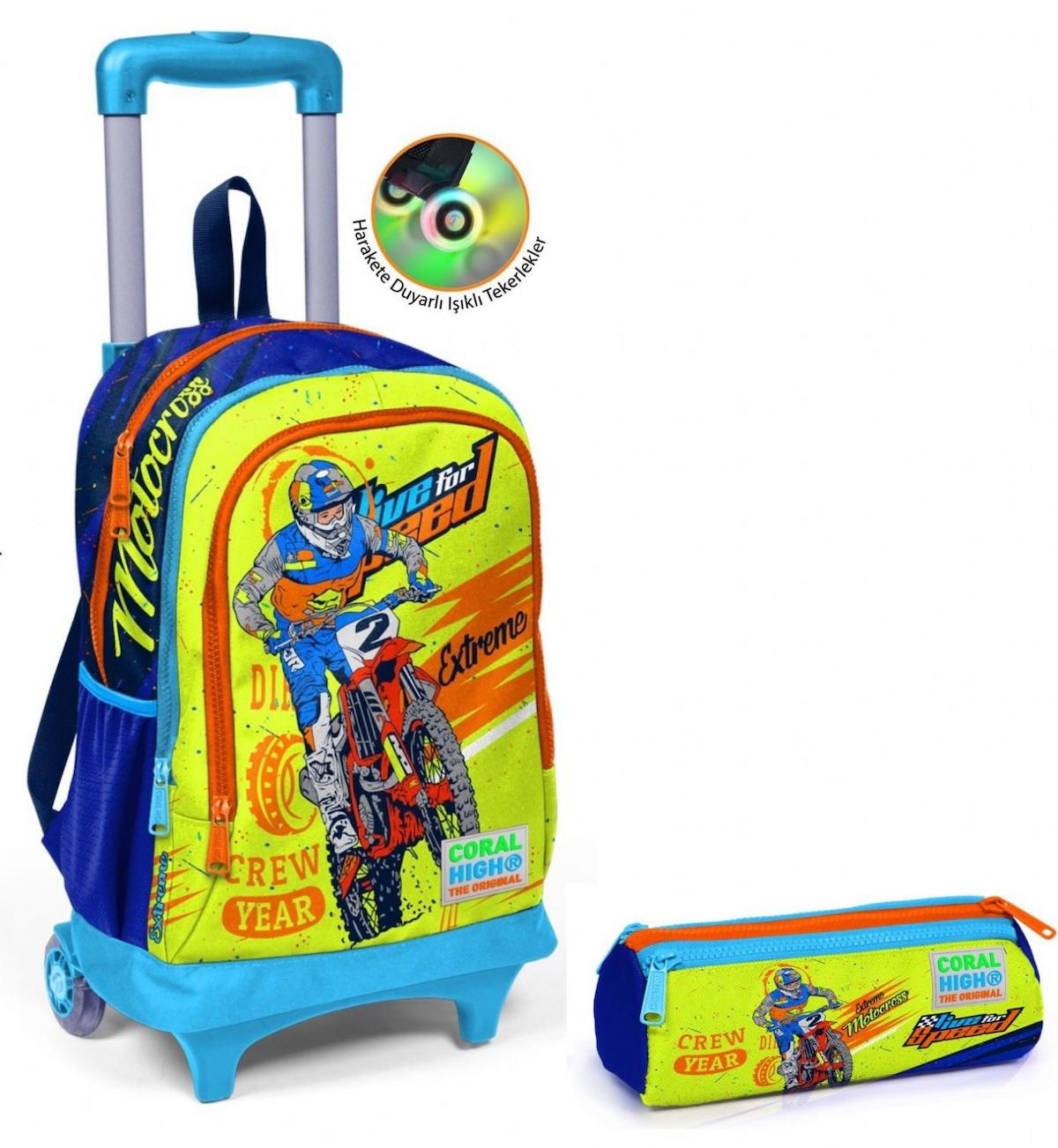 Yaygan Çanta Kids Motosiklet Tekerlekli Su Geçirmez 3 Gözlü Çok Renkli İlkokul Erkek Çocuk Çekçekli Çantası + Kalemlik