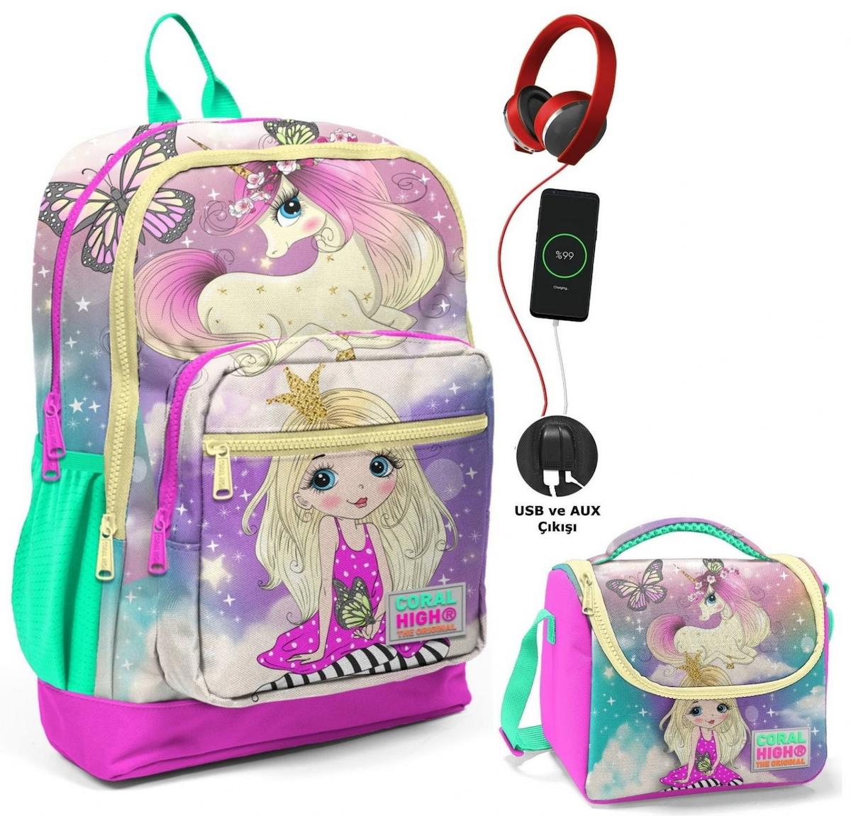 Yaygan Çanta Unicorn Hayvan Su Geçirmez 4 Gözlü Pembe-Su Yeşili İlkokul Kız Çocuk Sırt Çantası + Beslenme Çantası