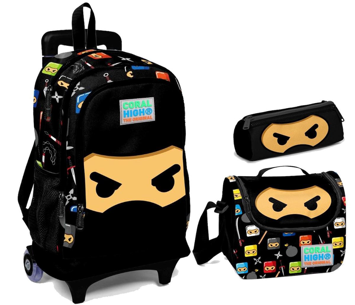 Yaygan Çanta Kids Ninja Tekerlekli Su Geçirmez 3 Gözlü Siyah İlkokul Erkek Çekçekli Çanta Seti