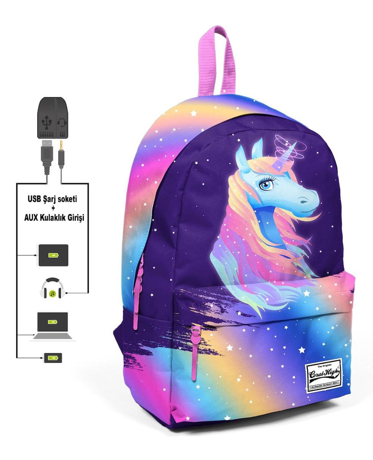 Yaygan Çanta Unicorn Hayvan Su Geçirmez 2 Gözlü Çok Renkli İlkokul Kız Çocuk Sırt Çantası