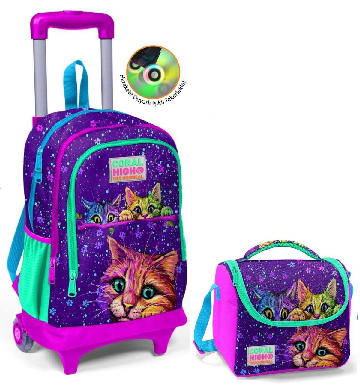 Yaygan Çanta Kids Kedi Hayvan Tekerlekli Su Geçirmez 3 Gözlü Mor İlkokul Kız Çocuk Çekçekli Çantası + Beslenme Çantası