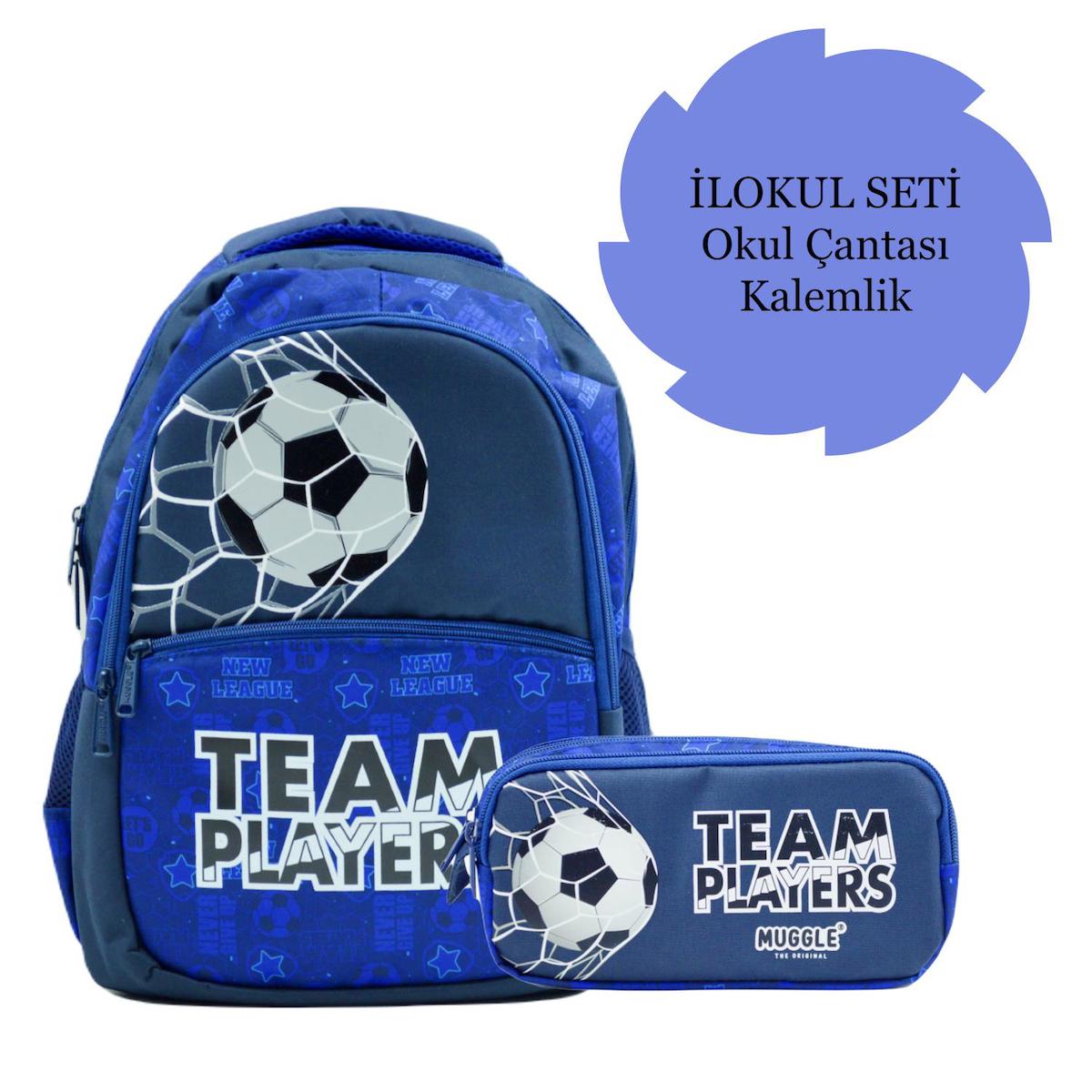 Muggle Futbol Su Geçirmez 3 Gözlü Mavi İlkokul Erkek Çocuk Sırt Çantası + Kalemlik