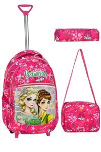 Gülşah Çaptı Bag Frozen Tekerlekli Su Geçirmez 3 Gözlü Pembe İlkokul Kız Çocuk Çekçekli Çanta Seti