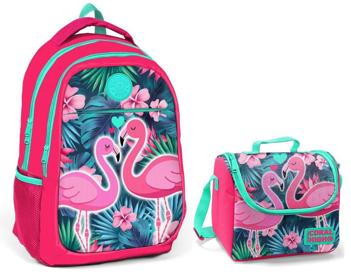 Yaygan Çanta Flamingo Hayvan 3 Gözlü Pembe İlkokul Kız Çocuk Sırt Çantası + Beslenme Çantası