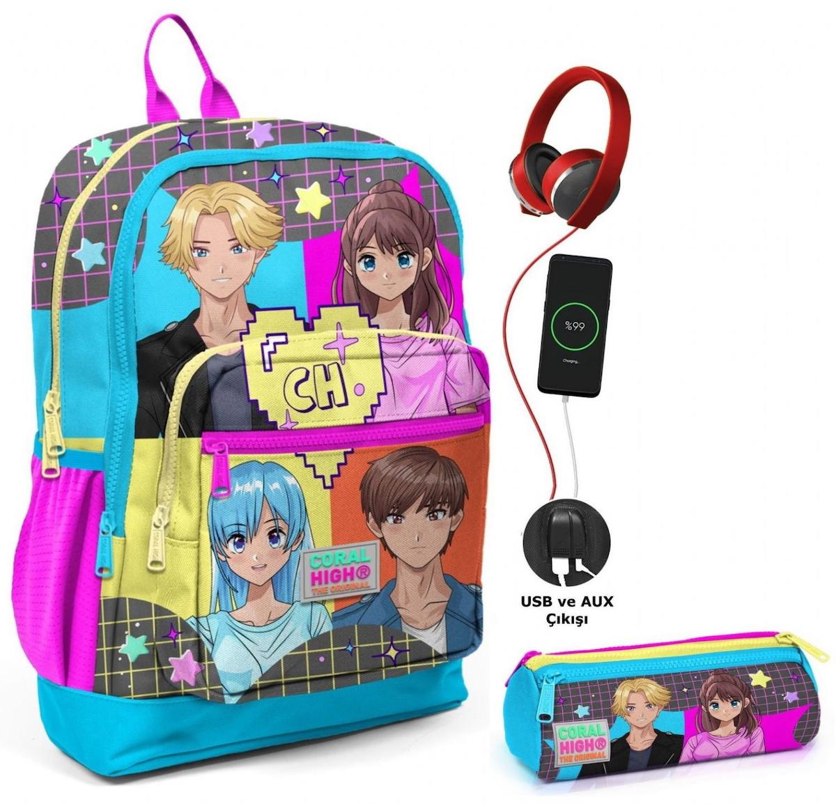 Yaygan Çanta Kids Anime Su Geçirmez 4 Gözlü Mavi-Pembe İlkokul Kız Çocuk Sırt Çantası + Kalemlik
